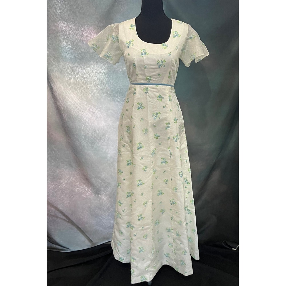 Vintage White‎ Swiss Dot Floral Maxi Dress Empire Waist Flutter Sleeve